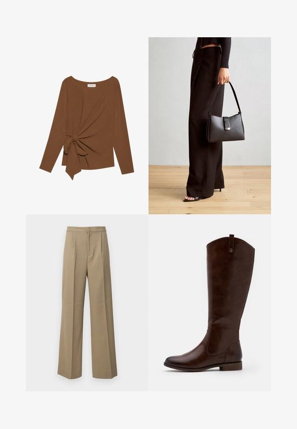 T-shirt brun à manches longues avec un col large et un détail de nœud sur un côté, fabriqué dans un tissu doux et texturé.; Pantalons larges beige en tissu texturé. Avec des plis sur le devant et une taille plate. Pas de fermetures ni de poches visibles.; Bottes marron jusqu'aux genoux en cuir lisse, avec un bout arrondi, un petit talon empilé et un subtil motif de couture sur les côtés.; Sac à main noir à la forme structurée, texture lisse et fermoir métallique. Associé à un pantalon noir ample et des sandales ouvertes sur un sol en bois.