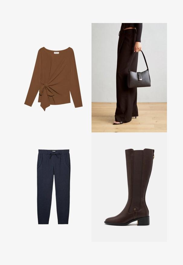 Smeđa majica dugih rukava s širokim izrezom i čvorom s jedne strane, izrađena od mekog, teksturiranog materijala.; Tamne plave trenirke napravljene od teksturiranog materijala, s elastičnom gumom u struku i vezicom, bočnim džepovima i sužavajućim nogavicama.; Smeđe kožne čizme do koljena s elastičnim bočnim panelima, četvrtastim vrhom i niskom blok petom. Imaju okrugli gumb s logotipom i elegantan dizajn.; Crna torba s oblikom koji sadrži strukturu, glađu teksturu i metalnu kopču. Uparena s širokim crnim hlačama i sandalama na otvorenom s drvenog poda.