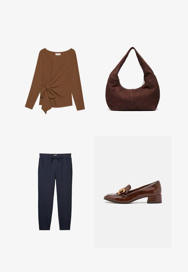 Brown long-sleeve top featuring a wide neckline and a knot detail on one side, made of soft, textured fabric.; Navy blue sweatpants made of textured fabric, featuring an elastic waistband with drawstring, side pockets, and tapered legs.; Brown leather loafers with a glossy finish, featuring a decorative gold buckle on the front and a low block heel. Classic design.; Brown suede hobo bag with a curved, wide handle and a large opening. Soft texture with visible stitching detailing along the edges.