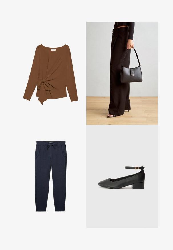 Hnedý dlhý rukáv top s širokým výstrihom a uzlom na jednej strane, vyrobený z mäkkej textúrovanej látky.; Námornícky modré teplákové nohavice z textúrovanej tkaniny, s elastickým pásom na šnúrku, bočnými vreckami a zúženými nohavicami.; Čierne kožené lodičky s špicatou špičkou a nízkym blokovým podpätkom. Obsahuje remienok okolo členka so zlatým prackou. Hladký povrch.; Čierna kabelka so štruktúrovaným tvarom, hladkou textúrou a kovovou sponou. V kombinácii so širokými čiernymi nohavicami a sandálmi s otvorenou špičkou na drevenej podlahe.