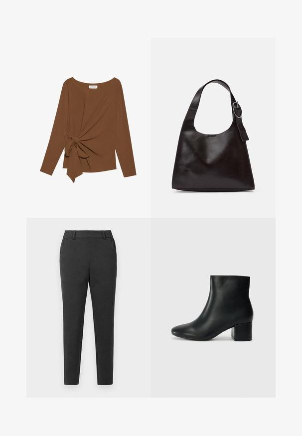 Ruda ilga rankovė viršutinė dalis su plačiu iškirpimu ir mazgo detale vienoje pusėje, pagaminta iš minkštos, tekstūruotos medžiagos.; Tamsiai pilki siauri kelnių modeliai su diržo kilputėmis, šoninėmis kišenėmis ir siaurėjančia kojos dizainu ant šviesaus fono.; Juodos odinės aulinės botai su smailiu priekiniu pirštu ir storu kulnu. Lygus tekstūra su minimaliomis detalėmis ir elegantišku, tvirtai priglundančiu dizainu.; Ruda odinė petinė kuprinė su lygiu paviršiumi, apvalia forma, plačia juosta ir apvaliu metaliniu akcentu ant rankenos.