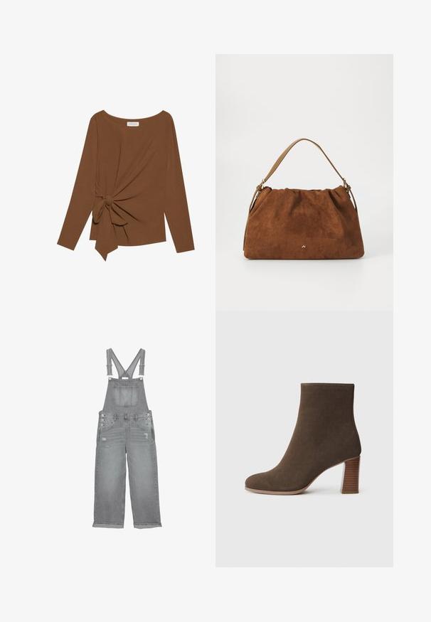 Hnědý dlouhý rukáv top s širokým výstřihem a detaily uzlu na jedné straně, vyrobený z měkké texturované látky.; Šedé denimové overall s nastavitelnými popruhy, přední kapsou na hrudi, bočními knoflíky a s nášivkami na nohavicích.; Hnědá semišová kotníková bota s kulatou špičkou a podpatkem z vrstveného texturovaného materiálu. Hladký povrch bez viditelných zapínání nebo ozdob.; Hnědá semišová kabelka se skládáním, s jedním světlým koženým popruhem a decentním zlatým logem na přední straně.