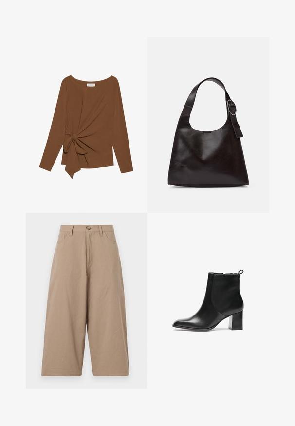 Bruine lange mouwen top met een brede halslijn en een knoopdetail aan één zijde, gemaakt van zachte, gestructureerde stof.; Kaki wijde broek van katoen, met een hoge taille, voorzakken en een enkele knoopsluiting. Soepele textuur en rechte snit.; Zwarte leren enkelboot met een ronde neus, een blokhak van gemiddelde hoogte en een trekstrap aan de achterkant. Glad textuur, minimalistisch ontwerp.; Bruine lederen schoudertas met een gladde textuur, ronde vorm, brede strap en een cirkelvormig metallic accent op de handgreep.