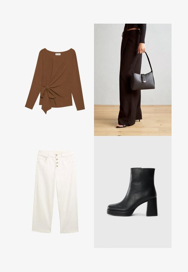 Top marrón de manga larga con un escote amplio y un detalle de nudo en un lado, hecho de una tela suave y texturizada.; Jeans blancos de pierna ancha con un cierre de cinco botones, bolsillos frontales y una textura suave. Piernas de corte recto con dobladillos limpios y detalles de costura sutiles.; Botín de cuero negro con tacón cuadrado y suela de plataforma, visto de lado sobre un fondo blanco liso.; Bolso negro con forma estructurada, textura suave y un cierre metálico. Combinado con pantalones anchos negros y sandalias de dedo en un suelo de madera.