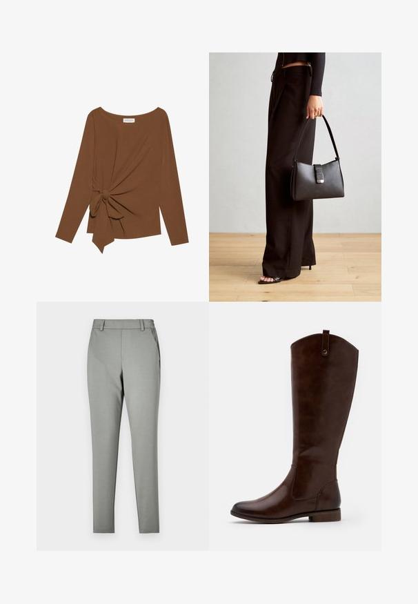 Brauner Langarm-Top mit weitem Ausschnitt und Knoten-Detail auf einer Seite, aus weichem, strukturiertem Stoff.; Helle graue Hose mit maßgeschneidertem Schnitt, aus einem glatten Stoff gefertigt. Verfügt über einen Bund mit Gürtelschlaufen und Seitentaschen, sowie ein schmal zulaufendes Bein Design.; Braune kniehohe Stiefel aus glattem Leder, mit runder Zehenform, niedrigem Blockabsatz und einem dezente Stichmuster an den Seiten.; Schwarze Handtasche mit strukturierter Form, glatter Textur und einem metallischen Verschluss. Kombiniert mit weiten schwarzen Hosen und offenen Sandalen auf einem Holzboden.