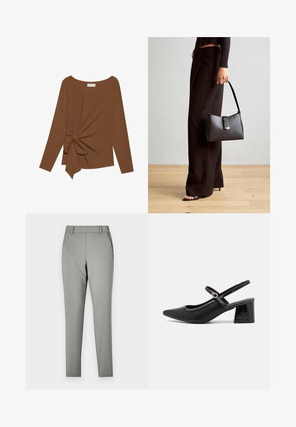Brown long-sleeve top featuring a wide neckline and a knot detail on one side, made of soft, textured fabric.; Light gray trousers with a tailored fit, made from a smooth fabric. Features a waistband with belt loops and side pockets, tapered leg design.; Black patent leather slingback heels with a pointed toe, a rounded cutout design, and a block heel. Features a gold-tone buckle accent.; Black handbag with structured shape, smooth texture, and a metallic clasp. Paired with wide black pants and open-toe sandals on wooden floor.
