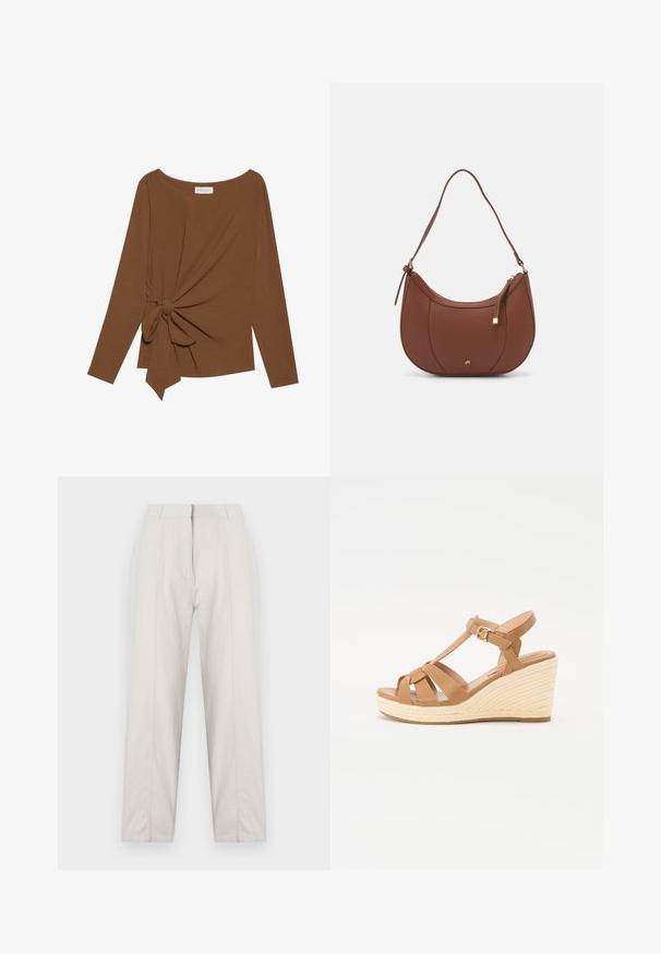 Ruda ilga rankovė viršutinė dalis su plačiu iškirpimu ir mazgo detale vienoje pusėje, pagaminta iš minkštos, tekstūruotos medžiagos.; Grietos spalvos kelnės su tiesiomis kojomis, turinčios priekinį raukšlėjimą, dvi šonines kišenes ir vidutinio aukščio juosmenį.; Šviesiai rusvi platforminiai sandalai su kryžminiu dirželiu, reguliuojamu kulkšnies sagtim ir tekstūruotu pintiniu espadrilės tipo platformu.; Ruda dirbtinės odos petinė piniginė su kreiva forma, minimalia siuvimo linija ir auksinės spalvos įranga. Yra užtrauktuko uždarymas viršuje ir reguliuojama petneša.