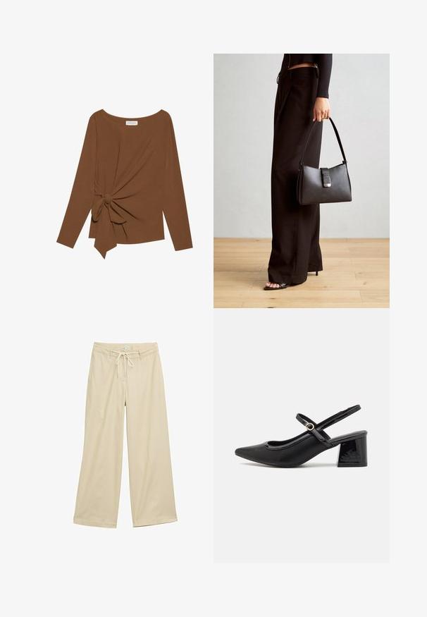 Brauner Langarm-Top mit weitem Ausschnitt und Knoten-Detail auf einer Seite, aus weichem, strukturiertem Stoff.; Beige weite Hose mit Kordelzug, aus leichtem Stoff gefertigt. Enthält dezente vertikale Streifen und zwei Seitentaschen.; Schwarze Lackleder-Slingback-Absätze mit spitzer Zehenform, einem runden Ausschnitt-Design und einem Blockabsatz. Mit einem goldfarbenen Schnallenakzent.; Schwarze Handtasche mit strukturierter Form, glatter Textur und einem metallischen Verschluss. Kombiniert mit weiten schwarzen Hosen und offenen Sandalen auf einem Holzboden.
