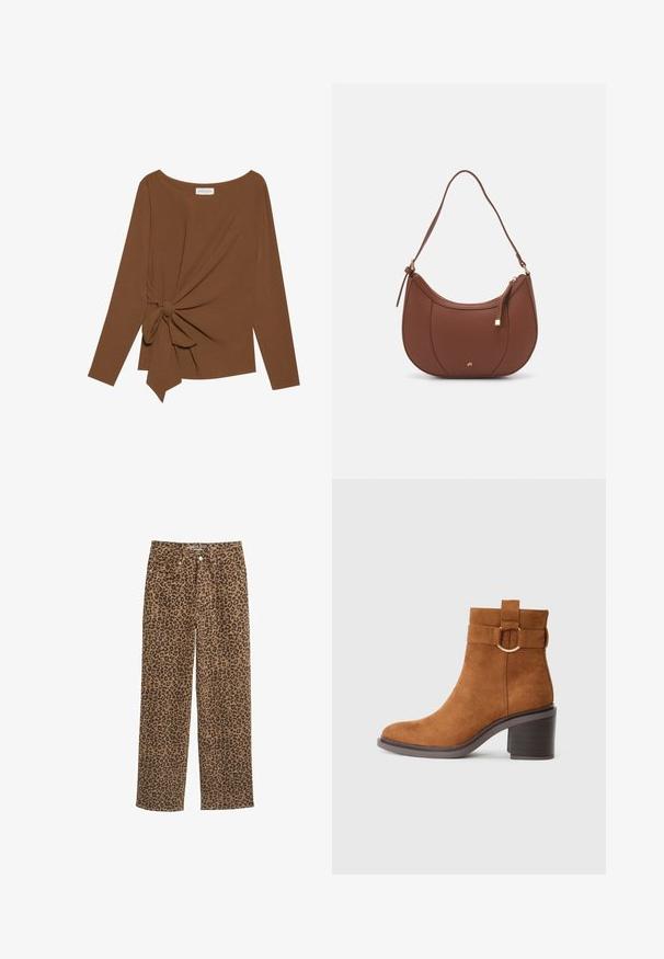 Hnedý dlhý rukáv top s širokým výstrihom a uzlom na jednej strane, vyrobený z mäkkej textúrovanej látky.; Džínsy s leopardím vzorom, stredný pás, rovný strih nohavíc, s hnedým a čiernym vzorom, zapínanie na gombík a dizajn s piatimi vreckami.; Hnedé semišové členkové topánky s okrúhlym špičkou, blokovým podpätkom a dekoratívnym pásikom s detailom v tvare kruhového pracky.; Hnedá umelá kožená taška cez rameno s zakriveným tvarom, minimalistickým šitím a zlatými akcentami. Obsahuje zips na vrchu a nastaviteľný popruh.