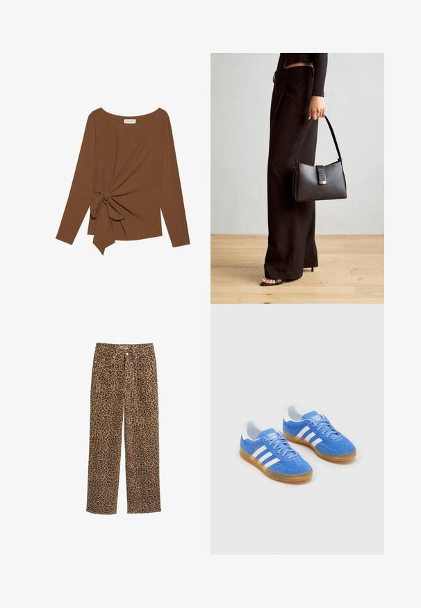 Top marrón de manga larga con un escote amplio y un detalle de nudo en un lado, hecho de una tela suave y texturizada.; Pantalones de mezclilla de estampado de leopardo, de tiro medio, con corte recto, que presentan un patrón en marrón y negro, cierre de botón y diseño de cinco bolsillos.; Zapatillas deportivas azules de ante con acentos de rayas blancas, suela de goma y cuello acolchado para mayor comodidad. Presenta un diseño clásico de cordones.; Bolso negro con forma estructurada, textura suave y un cierre metálico. Combinado con pantalones anchos negros y sandalias de dedo en un suelo de madera.