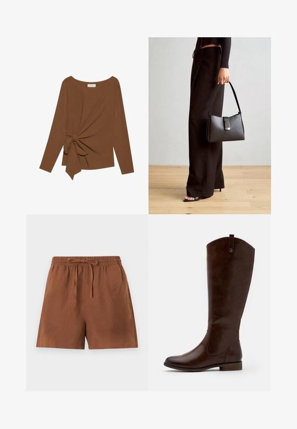 Brun långärmad topp med bred halsringning och en knutdetalj på ena sidan, tillverkad av mjukt, texturerat tyg.; Bruna, lätta shorts med elastisk midja och dragsko. Har en lös passform och slät textur, lämpliga för vardagsbruk.; Bruna knähöga stövlar i slät läder, med rund tå, låg klack och ett subtilt söm-mönster längs sidorna.; Svart handväska med strukturerad form, slät yta och metallspänne. Matchad med vida svarta byxor och sandaler med öppen tå på trägolv.