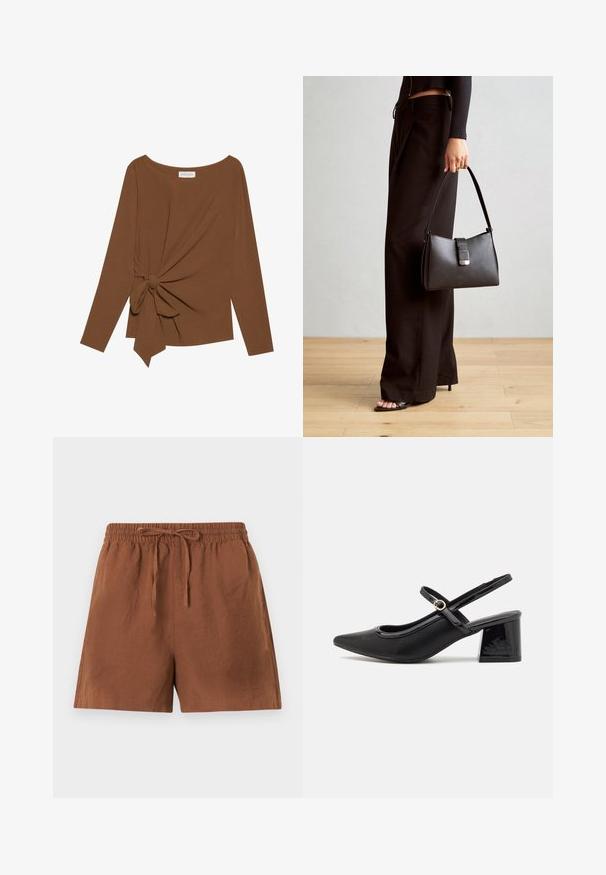 Cămașă lungă maro cu mâneci lungi, având un decolteu larg și un detaliu nod pe o parte, confecționată dintr-un material moale, texturat.; Șorturi ușoare, de culoare maro, cu un braț elastic și șnur de ajustare. Prezintă o croială lejeră și o textură netedă, potrivite pentru ținute casual.; Cizme cu toc slingback din piele sintetică lacuită neagră, cu vârful ascuțit, un design cu decupaj rotunjit și toc bloc. Include un accent cu cataramă de culoare aurie.; Genți negre cu o formă structurată, textură netedă și un închizător metalic. Asortată cu pantaloni negri largi și sandale cu vârf deschis pe un podea din lemn.