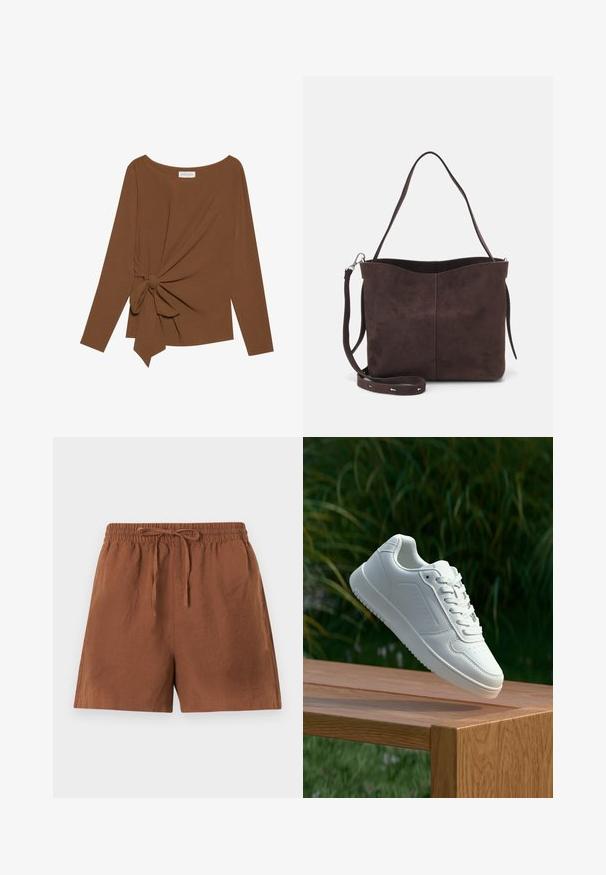 Top marrón de manga larga con un escote amplio y un detalle de nudo en un lado, hecho de una tela suave y texturizada.; Shorts marrones, ligeros, con cintura elástica y cordón ajustable. Presentan un corte holgado y una textura suave, adecuados para un uso casual.; Zapatilla blanca con un upper sintético suave, caja de dedos perforada, cordones planos y una suela texturizada, exhibida sobre una superficie de madera.; Bolso tote de ante marrón con una textura suave, que presenta una sola correa para el hombro y una sutil apertura curva en la parte superior. Sin detalles de herrajes visibles.