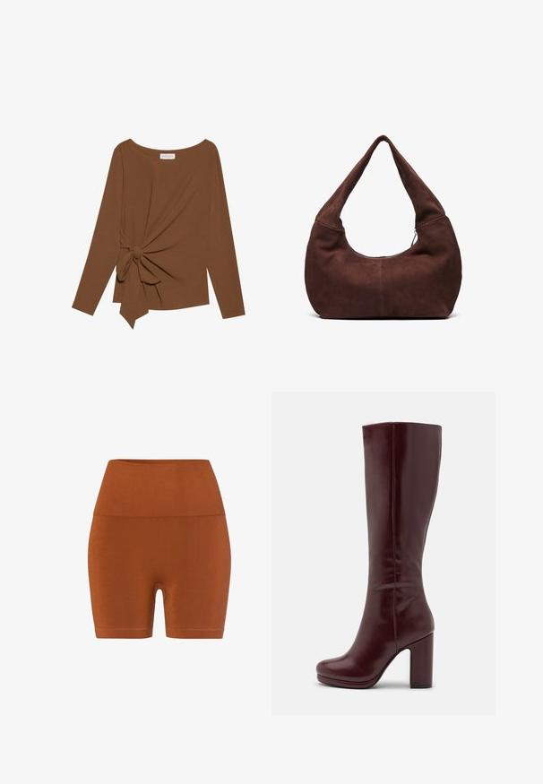 Bruine lange mouwen top met een brede halslijn en een knoopdetail aan één zijde, gemaakt van zachte, gestructureerde stof.; Bruine hooggetailleerde shorts van rekbare stof, met een gladde textuur en een aansluitend ontwerp, voorzien van een strakke, minimalistische zoom.; Anna Field Laarzen met hoge hak - red; Bruin suède hobo tas met een gebogen, brede handgreep en een grote opening. Zachte textuur met zichtbare stiksels langs de randen.