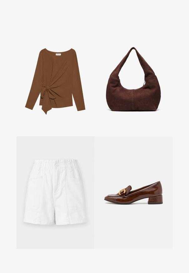 Brown long-sleeve top featuring a wide neckline and a knot detail on one side, made of soft, textured fabric.; White cotton shorts with an elastic waistband, featuring a front button, two side pockets, and a clean, simple design.; Brown leather loafers with a glossy finish, featuring a decorative gold buckle on the front and a low block heel. Classic design.; Brown suede hobo bag with a curved, wide handle and a large opening. Soft texture with visible stitching detailing along the edges.
