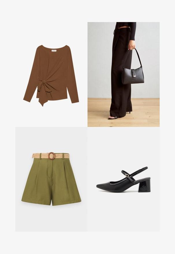 Pruuni pikad varrukad ja laia kaelusega topp, millel on ühe külje sõlmekaunistus, valmistatud pehmest ja tekstuuriga kangast.; Olive rohelised lühikesed püksid plekkidega, koos kootud puitrihmaga ja puidust rõngaspannal. Sile tekstuur, kohandatud disain puhaste joontega.; Mustad läikivad nahast slingback-kõrged kontsad, millel on terav nina, ümar lõikekujundus ja blokknina. Omab kuldset nupu aktsenti.; Must musta kott, millel on struktureeritud kuju, sile tekstuur ja metallist klamber. Kombineeritud laiate mustade pükstega ja avatud varvaste sandaalidega puidust põrandal.