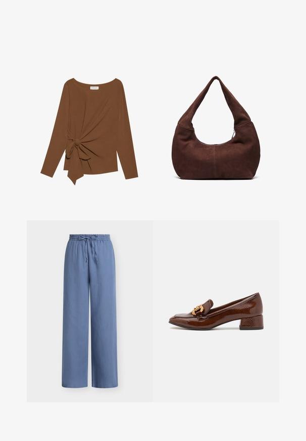Brun långärmad topp med bred halsringning och en knutdetalj på ena sidan, tillverkad av mjukt, texturerat tyg.; Ljusblå vida byxor med elastisk midja och dragsko. Gjorda av ett mjukt, lätt material med en slät textur.; Bruna läderloafers med en glänsande yta, försedd med en dekorativ guldkoppling på framsidan och en låg blockklack. Klassisk design.; Brun mockaim väskan med ett böjt, brett handtag och en stor öppning. Mjuk textur med synlig sömnadsdetalj längs kanterna.