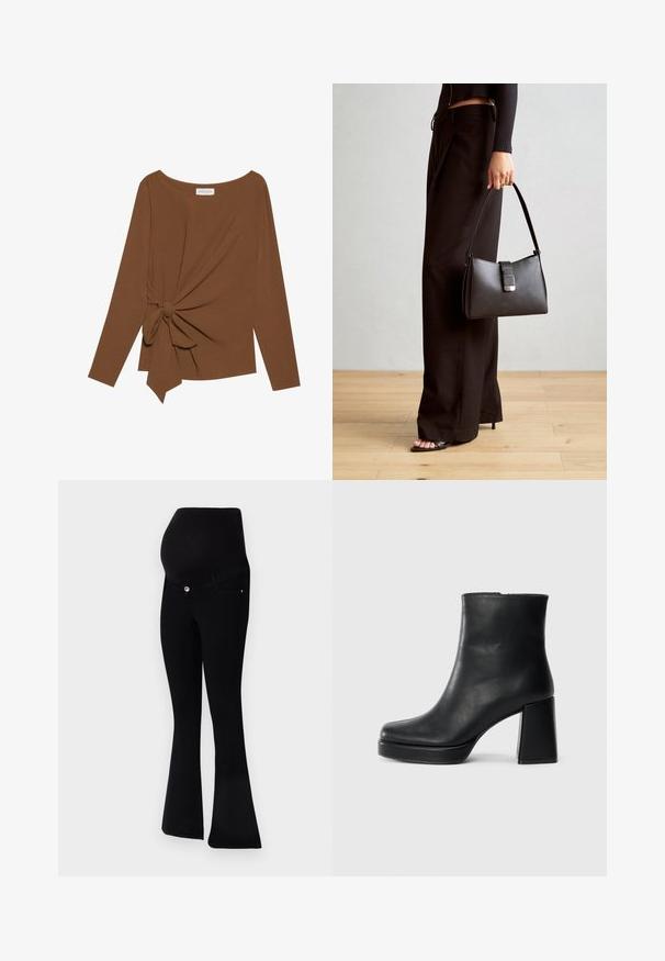 Brauner Langarm-Top mit weitem Ausschnitt und Knoten-Detail auf einer Seite, aus weichem, strukturiertem Stoff.; Schwarze Umstandshose mit ausgestelltem Bein, weichem Stoff, hohem Taillenbund für Unterstützung und einem Knopfverschluss vorne.; Schwarze Leder-Stiefelette mit Blockabsatz und Plattformsohle, seitlich auf einem schlichten weißen Hintergrund betrachtet.; Schwarze Handtasche mit strukturierter Form, glatter Textur und einem metallischen Verschluss. Kombiniert mit weiten schwarzen Hosen und offenen Sandalen auf einem Holzboden.