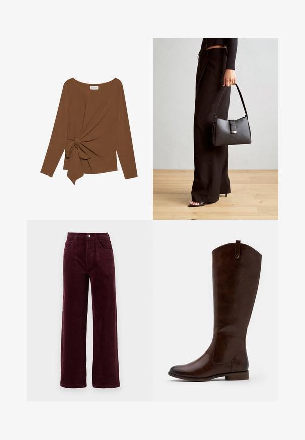 Brauner Langarm-Top mit weitem Ausschnitt und Knoten-Detail auf einer Seite, aus weichem, strukturiertem Stoff.; Burgunderfarbene Corduroy-Hosen mit geradem Bein und hoher Taille, fünf Taschen und einem vorderen Metallknopfverschluss. Strukturierter Stoff mit vertikaler Rippung.; Braune kniehohe Stiefel aus glattem Leder, mit runder Zehenform, niedrigem Blockabsatz und einem dezente Stichmuster an den Seiten.; Schwarze Handtasche mit strukturierter Form, glatter Textur und einem metallischen Verschluss. Kombiniert mit weiten schwarzen Hosen und offenen Sandalen auf einem Holzboden.