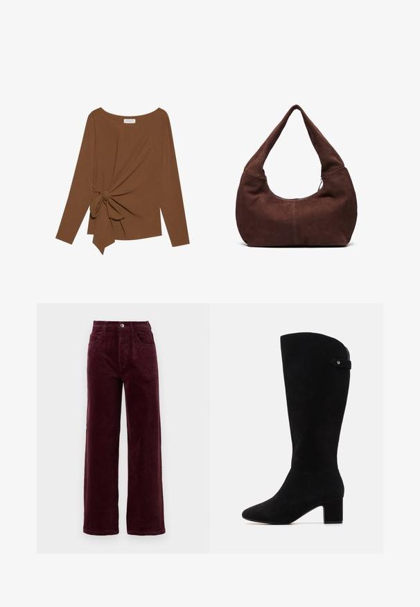 Cămașă lungă maro cu mâneci lungi, având un decolteu larg și un detaliu nod pe o parte, confecționată dintr-un material moale, texturat.; Pantaloni cu picioare drepte din catifea burgundy, cu talie înaltă, cinci buzunare și închidere frontală cu buton metalic. Material texturat cu nervuri verticale.; Cizmă înaltă din suede negru, cu vârf ascuțit și toc pătrat. Prezintă o textură netedă și un design simplu, cu un accent de curea pe lateral.; Geantă hobo din suede maro, cu o maner curbat și lat și o deschidere mare. Textură moale cu detalii de cusătură vizibile de-a lungul marginilor.