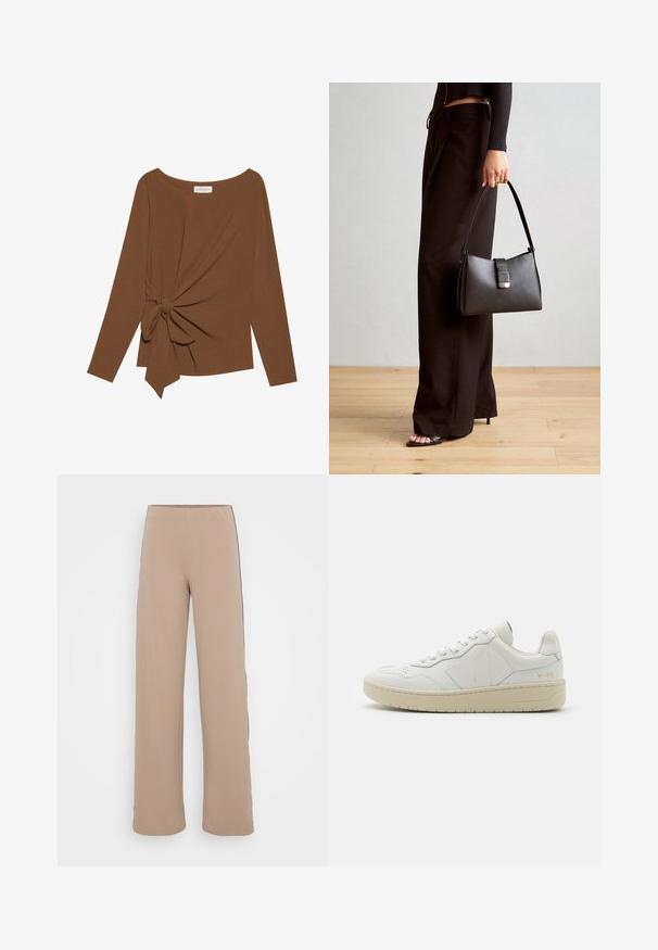 Rjava dolgosleeve majica z širokim izrezom in vozlom na eni strani, izdelana iz mehkega, teksturiranega blaga.; Bež hlače širokih nogavic z gladko teksturo in črnimi stranskimi črtami. Imajo visok pas za izpopolnjen silhueto.; Bele usnjene športne copate s perforiranim sprednjim delom, kontrastno bež gumijasto podplatom in logotipom na strani in peti. Minimalistična zasnova.; Črna torbica z strukturirano obliko, gladko teksturo in kovinskim zaponko. Ujemajo se z širokimi črnimi hlačami in odprtimi sandali na lesenem tleh.