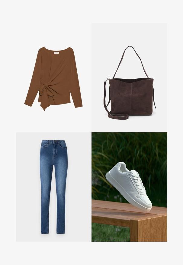 Top marrón de manga larga con un escote amplio y un detalle de nudo en un lado, hecho de una tela suave y texturizada.; Jeans de denim azul con un ajuste slim, con una cintura de altura media, cinco bolsillos y detalles de costura sutiles. Textura suave y diseño clásico.; Zapatilla blanca con un upper sintético suave, caja de dedos perforada, cordones planos y una suela texturizada, exhibida sobre una superficie de madera.; Bolso tote de ante marrón con una textura suave, que presenta una sola correa para el hombro y una sutil apertura curva en la parte superior. Sin detalles de herrajes visibles.