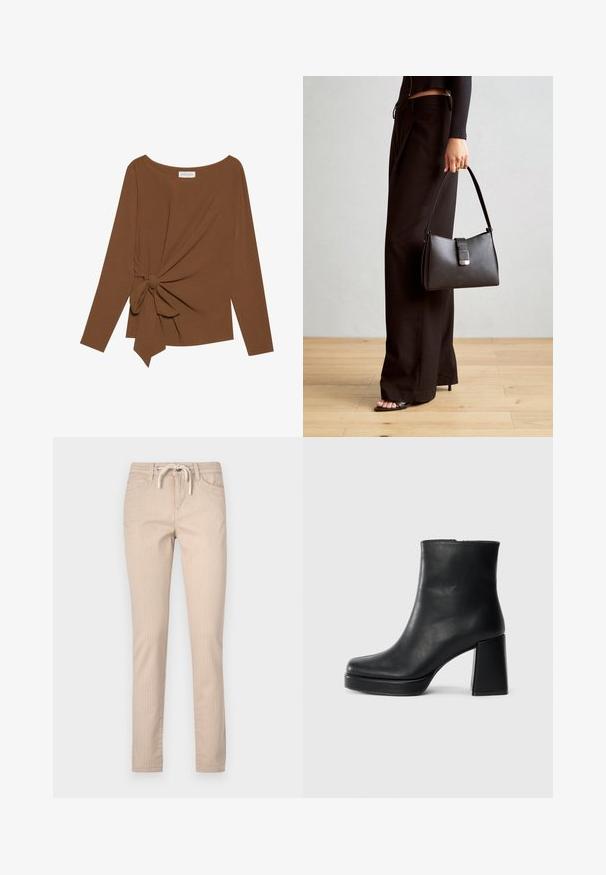 Hnědý dlouhý rukáv top s širokým výstřihem a detaily uzlu na jedné straně, vyrobený z měkké texturované látky.; Béžové pruhované bavlněné kalhoty s ušňapýrem v pase, zúženými nohavicemi a dvěma předními kapsami. Hladká textura, neformální design.; Černý kožený kotníkový bot s blokovým podpatkem a platformou, viděný z boku na jednoduchém bílém pozadí.; Černá kabelka se strukturovaným tvarem, hladkým povrchem a kovovým uzávěrem. Kombinována s širokými černými kalhotami a sandály s otevřenou špičkou na dřevěné podlaze.