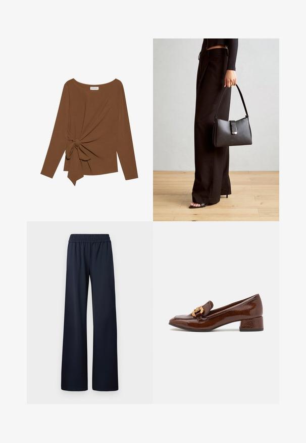 Hnědý dlouhý rukáv top s širokým výstřihem a detaily uzlu na jedné straně, vyrobený z měkké texturované látky.; Námořnické modré kalhoty s širokými nohavicemi, vyrobené z hladké tkaniny, s elastickým pasem a celkovým střihem bez dalších detailů.; Hnědé kožené mokasíny s lesklým povrchem, se zdobnou zlatou sponou na přední straně a nízkým blokovým podpatkem. Klasický design.; Černá kabelka se strukturovaným tvarem, hladkým povrchem a kovovým uzávěrem. Kombinována s širokými černými kalhotami a sandály s otevřenou špičkou na dřevěné podlaze.