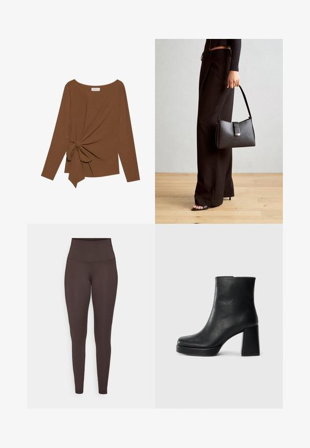 Brun langærmet top med en bred halsudskæring og en knude detalje på den ene side, lavet af blødt, tekstureret stof.; Brune højtaljede leggings lavet af et strækbart, glat materiale. Har et tætsiddende design uden synlige sømme eller mønstre.; Sort læder ankelstøvle med blokhæl og platformssål, set fra siden på en ensfarvet hvid baggrund.; Sort håndtaske med struktureret form, glat overflade og metalspænde. Sammen med brede sorte bukser og sandaler med åben tå på trægulv.
