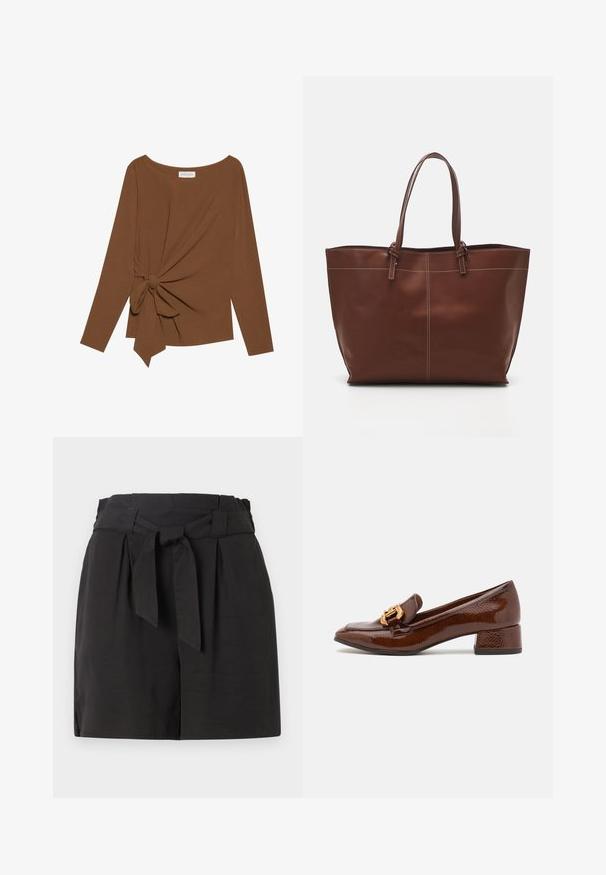 Brauner Langarm-Top mit weitem Ausschnitt und Knoten-Detail auf einer Seite, aus weichem, strukturiertem Stoff.; Schwarze Shorts mit umgeschlagenem Bund und Bindedetail. Hergestellt aus einem glatten Stoff mit taillierter Passform und seitlichem Schlitz für zusätzlichen Komfort.; Braune Lederloafers mit glänzender Oberfläche, ausgestattet mit einer dekorativen goldenen Schnalle an der Vorderseite und einem niedrigen Blockabsatz. Klassisches Design.; Braune Leder-Umhängetasche mit doppelten Griffen, verfügt über eine kontrastierende Naht und ein geräumiges Design, das sich für den täglichen Gebrauch eignet.