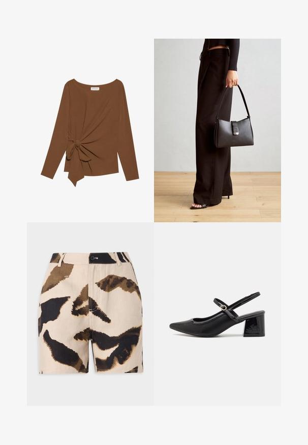 Pruuni pikad varrukad ja laia kaelusega topp, millel on ühe külje sõlmekaunistus, valmistatud pehmest ja tekstuuriga kangast.; Bežid lühikesed püksid pruunide ja mustade abstraktsete looma mustritega, millel on nupulukustus, vöökohad ja tekstuuriga kangas.; Mustad läikivad nahast slingback-kõrged kontsad, millel on terav nina, ümar lõikekujundus ja blokknina. Omab kuldset nupu aktsenti.; Must musta kott, millel on struktureeritud kuju, sile tekstuur ja metallist klamber. Kombineeritud laiate mustade pükstega ja avatud varvaste sandaalidega puidust põrandal.