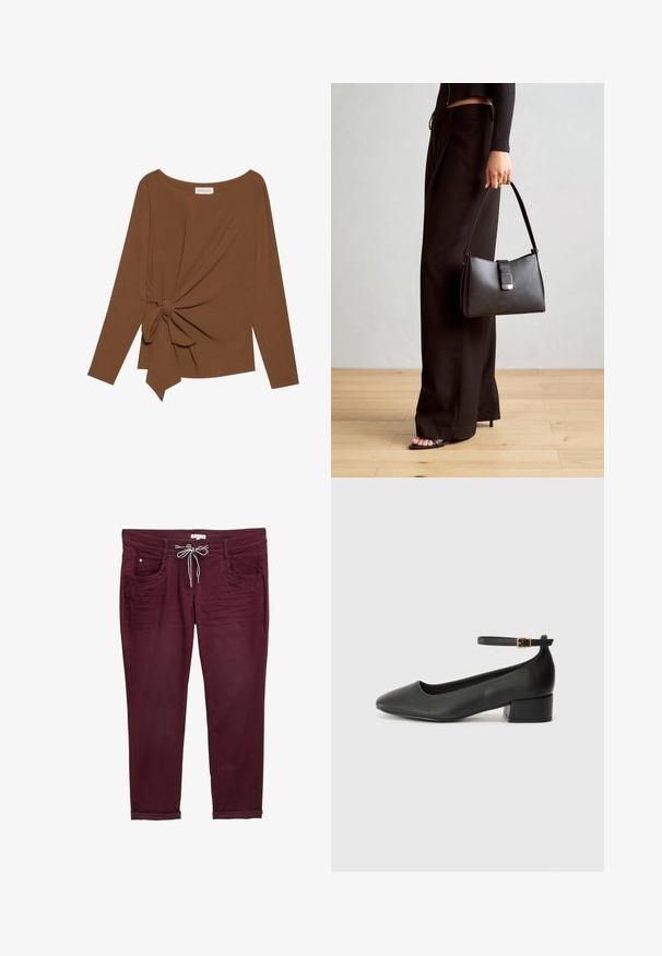 Brauner Langarm-Top mit weitem Ausschnitt und Knoten-Detail auf einer Seite, aus weichem, strukturiertem Stoff.; Bordeauxfarbene Hosen mit einem Kordelzugbund, Fronttaschen und umgeschlagenen Säumen. Hergestellt aus weichem Stoff mit glatter Textur und dezenten Nahtdetails.; Schwarze Lederpumps mit spitzem Zehenbereich und niedrigem Blockabsatz. Mit einem Knöchelriemen und einer goldfarbenen Schnalle. Glatte Textur.; Schwarze Handtasche mit strukturierter Form, glatter Textur und einem metallischen Verschluss. Kombiniert mit weiten schwarzen Hosen und offenen Sandalen auf einem Holzboden.