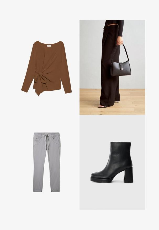 Hnědý dlouhý rukáv top s širokým výstřihem a detaily uzlu na jedné straně, vyrobený z měkké texturované látky.; Šedé kalhoty vyrobené z měkkého materiálu, s elastickým pasem na šňůrku, čtyřmi kapsami a slim fit střihem s jemnými švy.; Černý kožený kotníkový bot s blokovým podpatkem a platformou, viděný z boku na jednoduchém bílém pozadí.; Černá kabelka se strukturovaným tvarem, hladkým povrchem a kovovým uzávěrem. Kombinována s širokými černými kalhotami a sandály s otevřenou špičkou na dřevěné podlaze.