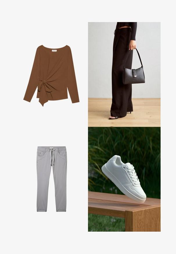 Smeđa majica dugih rukava s širokim izrezom i čvorom s jedne strane, izrađena od mekog, teksturiranog materijala.; Sive hlače od mekog materijala, s podesivim pojasom, četiri džepa i uskim krojem s suptilnim detaljima šivanja.; Bijela tenisica sa glatkim sintetičkim gornjim dijelom, perforiranim prednjim dijelom, ravnim vezicama i teksturiranom potplatom, prikazana na drvenoj površini.; Crna torba s oblikom koji sadrži strukturu, glađu teksturu i metalnu kopču. Uparena s širokim crnim hlačama i sandalama na otvorenom s drvenog poda.