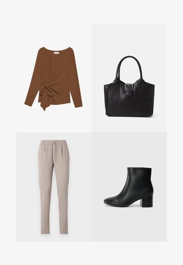 Ruda ilga rankovė viršutinė dalis su plačiu iškirpimu ir mazgo detale vienoje pusėje, pagaminta iš minkštos, tekstūruotos medžiagos.; Bežinės sportinės kelnės su raišteliu liemens, siaurėjančiomis kojomis ir klostėmis priekyje. Pagamintos iš minkštos, lengvos medžiagos.; Juodos odinės aulinės botai su smailiu priekiniu pirštu ir storu kulnu. Lygus tekstūra su minimaliomis detalėmis ir elegantišku, tvirtai priglundančiu dizainu.; Juodas odinis nešiojamas krepšys su lygiu paviršiumi, struktūrine forma, dviem rankenėlėmis ir ryškiu sidabriniu sagties akcentu priekyje.