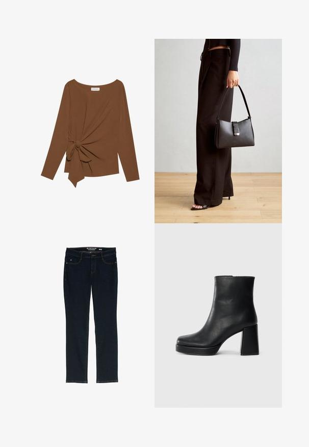 Ruda ilga rankovė viršutinė dalis su plačiu iškirpimu ir mazgo detale vienoje pusėje, pagaminta iš minkštos, tekstūruotos medžiagos.; Tamsiai mėlyni tiesaus kirpimo džinsai, pagaminti iš denimo. Yra penki kišenės, kontrastinga oranžinė siuvinėjimo siūlė ir diržo etiketė su prekės ženklu.; Juodas odinis kulkšninis botas su bloku ir platformos padu, matomas šoniniu vaizdu ant balto fono.; Juodas rankinė struktūrizuota forma, lygi tekstūra ir metalinis užsegimas. Suporuota su plačiomis juodomis kelnėmis ir atvirais bateliais ant medinių grindų.