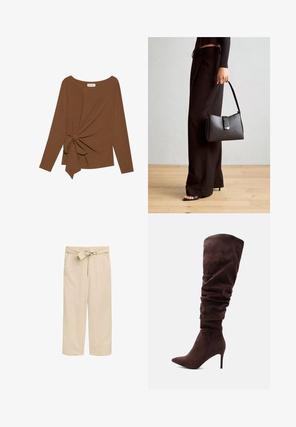 Rjava dolgosleeve majica z širokim izrezom in vozlom na eni strani, izdelana iz mehkega, teksturiranega blaga.; Bež hlače širokih nogavic s teksturiranim pasom, opremljene z dvema stranskima žepoma in čistim robom. Narejene iz lahkega materiala za udobje.; Rjavi nobučni škornji do kolen s sproščenim oblikovanjem, koničastim nosom in špicastim petami. Gladka tekstura s dosledno barvo.; Črna torbica z strukturirano obliko, gladko teksturo in kovinskim zaponko. Ujemajo se z širokimi črnimi hlačami in odprtimi sandali na lesenem tleh.