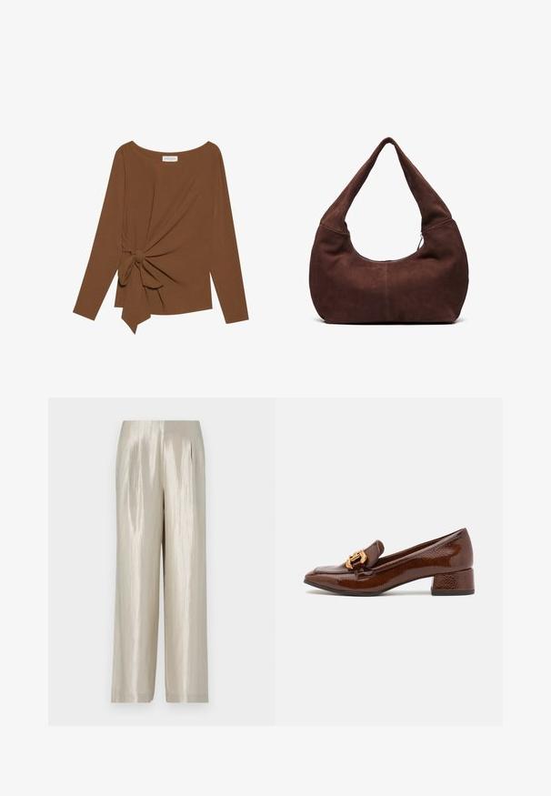 Brown long-sleeve top featuring a wide neckline and a knot detail on one side, made of soft, textured fabric.; Pants in a light beige satin fabric with a smooth texture, featuring a high waist, wide legs, and subtle pleats for added detail.; Brown leather loafers with a glossy finish, featuring a decorative gold buckle on the front and a low block heel. Classic design.; Brown suede hobo bag with a curved, wide handle and a large opening. Soft texture with visible stitching detailing along the edges.