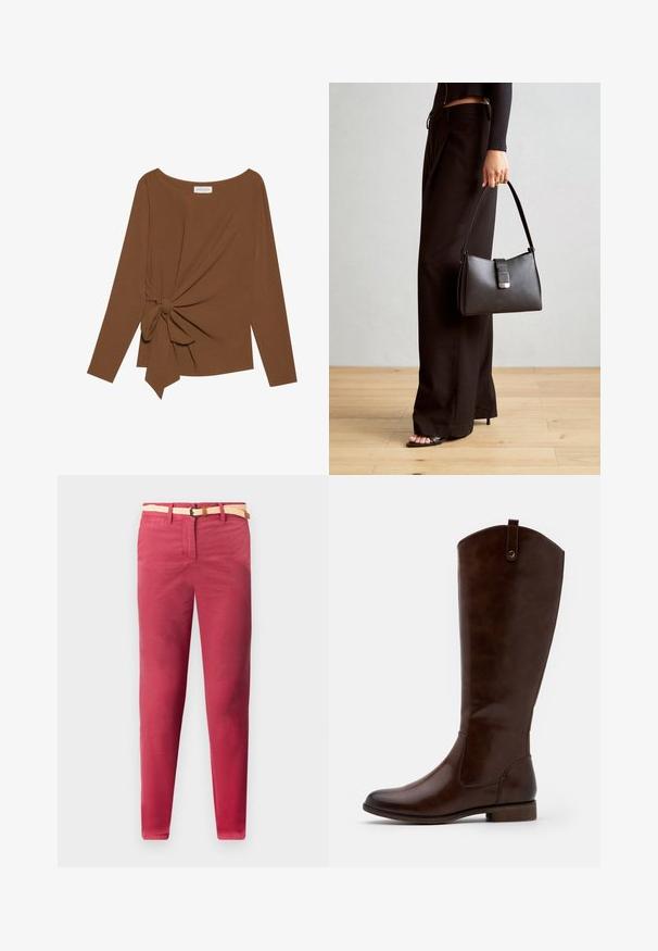 Barna, hosszú ujjú felső, széles nyakkivágással és az egyik oldalon csomó részlettel, puha, texturált anyagból készült.; Piros pamut nadrágslip slim fit szabással, szőtt bézs övvel és elülső zsebekkel, sima textúrával és egyenes lábformával.; Barna, térdig érő csizmák sima bőrből, lekerekített orral, alacsony, rakott sarokkal és diszkrét varrással az oldalán.; Fekete kézi táska strukturált formával, sima textúrával és fémből készült záródással. Széles fekete nadrággal és nyitott orrú szandállal párosítva, fából készült padlón.