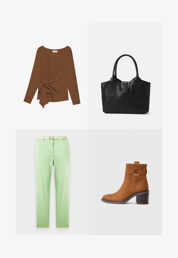 Brązowy, długi rękaw top z szerokim dekoltem i węzełkowym detalem po jednej stronie, wykonany z miękkiego, teksturowanego materiału.; Jasnozielone bawełniane spodnie o prostym kroju, z plecionym beżowym paskiem, przednią kieszenią i bez widocznych wzorów czy ozdób.; Brązowy zamszowy botek za kostkę z zaokrąglonym noskiem, słupkiem i ozdobnym paskiem z okrągłą klamrą.; Czarna skórzana torba tote o gładkiej fakturze, usztywnionym kształcie, dwóch uchwytach oraz wyraźnym srebrnym zapięciu na przodzie.