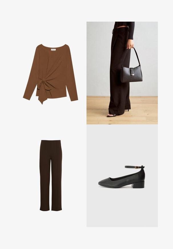 Brūna garām piedurknēm topa, kas izceļas ar plašu dekoltē un mezglu detaļu vienā pusē, izgatavota no mīkstas, teksturētas auduma.; Brūnas, plaša kāju bikses, izgatavotas no mīksta, elastīga materiāla. Iespējam vertikālās šuves un gluda josta, nodrošinot pielāgotu izskatu.; Melnas ādas sūkņi ar smailu purngalu un zemu bloku papēdi. Iezīmēts ar potītes siksniņu ar zelta krāsas sprādzi. Gluda tekstūra.; Melnā somiņa ar strukturētu formu, gludu tekstūru un metālu sprādzi. Saskaņota ar platām melnām biksēm un sandālēm ar atvērtu purngalu uz koka grīdas.