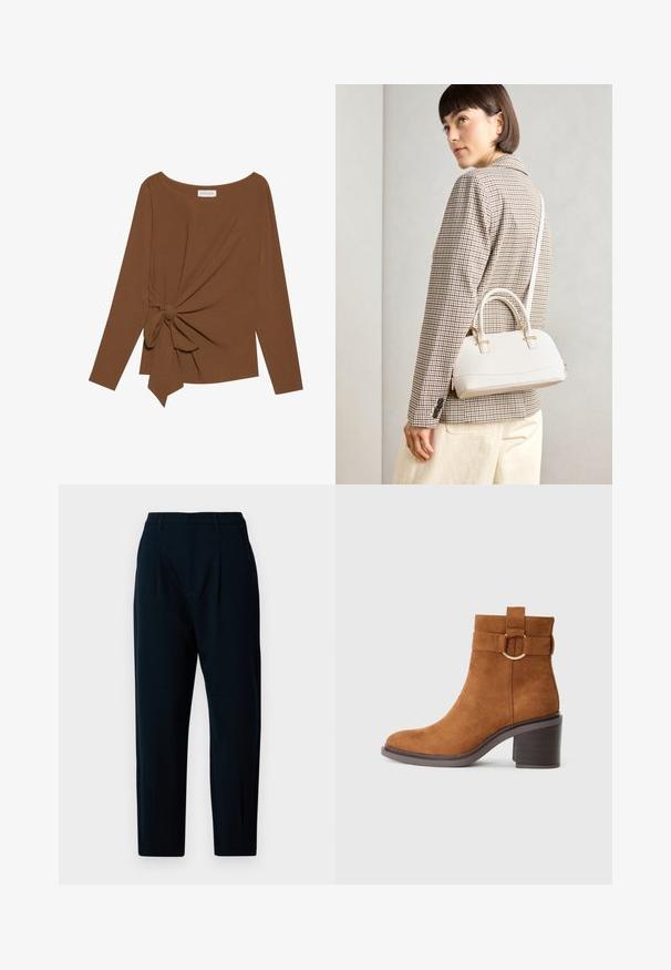 Brązowy, długi rękaw top z szerokim dekoltem i węzełkowym detalem po jednej stronie, wykonany z miękkiego, teksturowanego materiału.; Granatowe spodnie o kroju klasycznym, z płaskim przodem, dwoma plisami, standardowym paskiem i zwężanymi nogawkami. Wykonane z gładkiego materiału o lekko połyskującej powierzchni.; Brązowy zamszowy botek za kostkę z zaokrąglonym noskiem, słupkiem i ozdobnym paskiem z okrągłą klamrą.; Biała torebka o strukturalnym kształcie z krótkimi uchwytami i paskiem na ramię, z złotymi akcentami i teksturowanym materiałem, prezentowana na szarym tle.