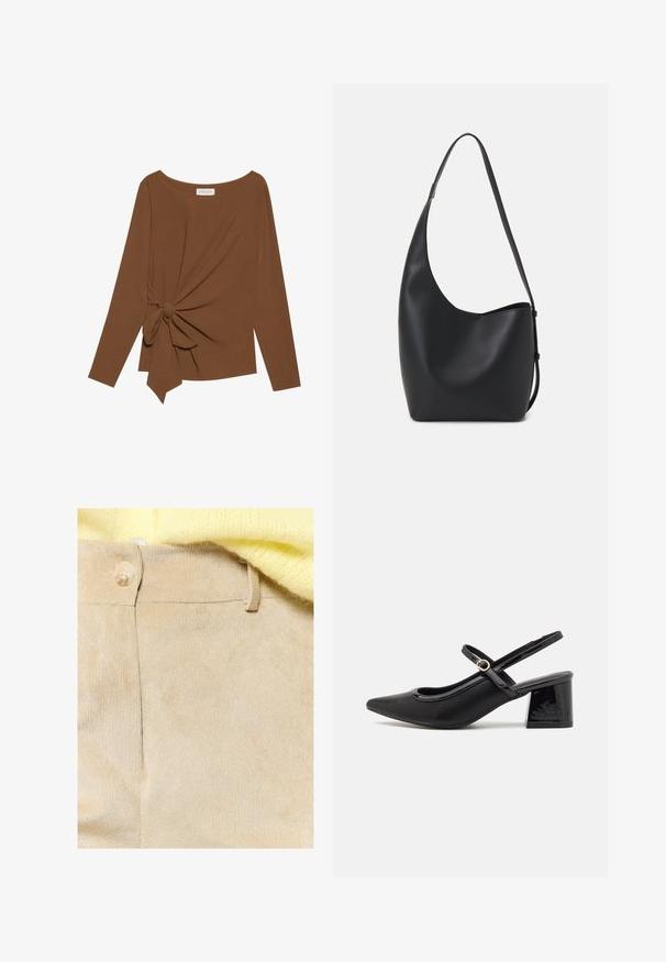 Pruuni pikad varrukad ja laia kaelusega topp, millel on ühe külje sõlmekaunistus, valmistatud pehmest ja tekstuuriga kangast.; LolaLiza Püksid - lt beige; Mustad läikivad nahast slingback-kõrged kontsad, millel on terav nina, ümar lõikekujundus ja blokknina. Omab kuldset nupu aktsenti.; Mustast nahast hobo kott, millel on sile tekstuur, kumer kuju ja üks reguleeritav rihm; peal on lai avaus.