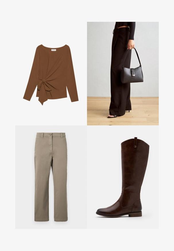 Barna, hosszú ujjú felső, széles nyakkivágással és az egyik oldalon csomó részlettel, puha, texturált anyagból készült.; Khaki színű pamut chino nadrág, egyenes lábbal, elülső gombbal, oldalsó zsebekkel és sima textúrával. Nincsenek látható minták vagy díszítések.; Barna, térdig érő csizmák sima bőrből, lekerekített orral, alacsony, rakott sarokkal és diszkrét varrással az oldalán.; Fekete kézi táska strukturált formával, sima textúrával és fémből készült záródással. Széles fekete nadrággal és nyitott orrú szandállal párosítva, fából készült padlón.