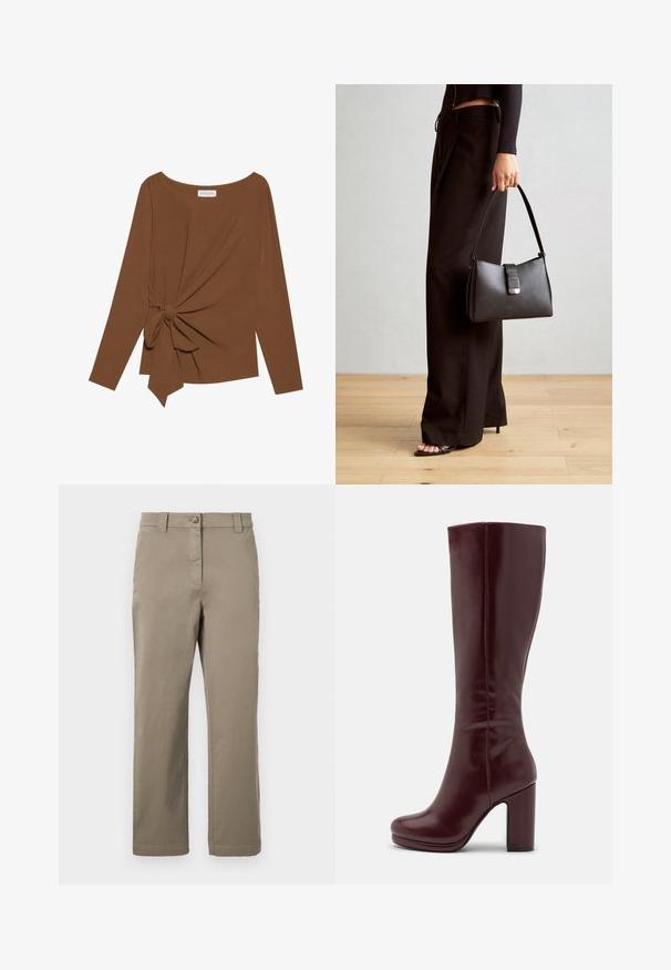 Barna, hosszú ujjú felső, széles nyakkivágással és az egyik oldalon csomó részlettel, puha, texturált anyagból készült.; Khaki színű pamut chino nadrág, egyenes lábbal, elülső gombbal, oldalsó zsebekkel és sima textúrával. Nincsenek látható minták vagy díszítések.; Anna Field Magassarkú csizmák - red; Fekete kézi táska strukturált formával, sima textúrával és fémből készült záródással. Széles fekete nadrággal és nyitott orrú szandállal párosítva, fából készült padlón.