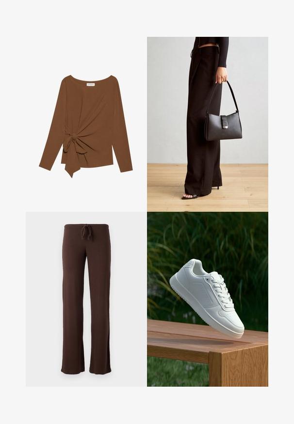 Brūna garām piedurknēm topa, kas izceļas ar plašu dekoltē un mezglu detaļu vienā pusē, izgatavota no mīkstas, teksturētas auduma.; Brūni sporta bikses, izgatavotas no mīksta auduma. Iezīme ir savelkama josta un izplešoties sliecīgas kājas komfortam. Nav redzamu rakstu vai metāla detaļu.; Baltie sporta apavi ar gludu sintētisku augšpusi, perforētu pirkstu daļu, plakani šņorēm un rakstainu zoli, novietoti uz koka virsmas.; Melnā somiņa ar strukturētu formu, gludu tekstūru un metālu sprādzi. Saskaņota ar platām melnām biksēm un sandālēm ar atvērtu purngalu uz koka grīdas.