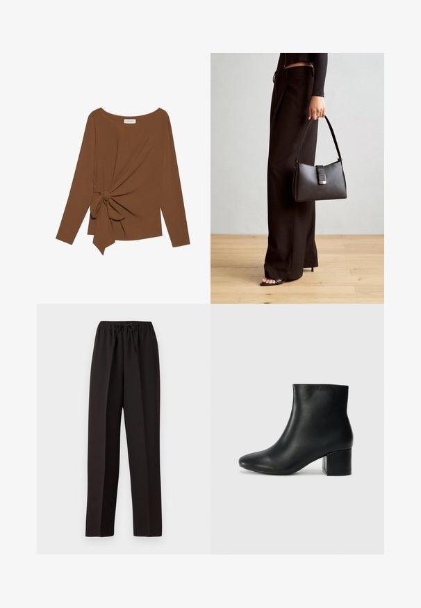 Brown long-sleeve top featuring a wide neckline and a knot detail on one side, made of soft, textured fabric.; Black, wide-leg pants with an elastic waistband and adjustable drawstring. Made from a smooth, lightweight fabric with no visible patterns.; Black leather ankle boots with a pointed toe and a chunky heel. Smooth texture with minimal accents and a sleek, fitted design.; Black handbag with structured shape, smooth texture, and a metallic clasp. Paired with wide black pants and open-toe sandals on wooden floor.