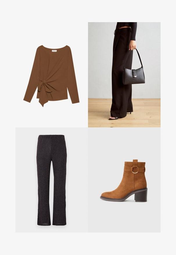 Bruine lange mouwen top met een brede halslijn en een knoopdetail aan één zijde, gemaakt van zachte, gestructureerde stof.; Zwarte geribde broeken met een elastische tailleband, met een rechte pijpuitvoering en subtiele iriserende spikkels door de textuurstof.; Bruine suède enkelboot met een ronde neus, blokhak en een decoratieve riem met een ronde gesp.; Zwarte handtas met gestructureerde vorm, gladde textuur en een metalen sluiting. Gecombineerd met brede zwarte broeken en sandalen met open teen op een houten vloer.