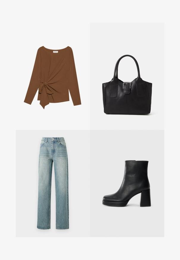 Top castanho de manga longa com decote largo e detalhe em nó de um lado, feito de um tecido suave e texturizado.; Copenhagen Muse JEANNE PANTS - Calças de ganga de corte relaxado - medium dirty washed denim; Bota de couro preta até ao tornozelo com salto bloco e sola com plataforma, vista de lado sobre um fundo branco liso.; Bolsa tote de couro preta com textura suave, forma estruturada, duas alças e um destaque prateado proeminente na parte da frente.
