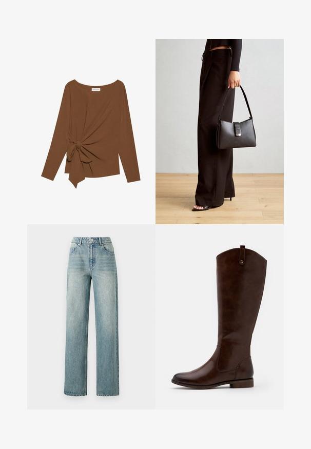 Brązowy, długi rękaw top z szerokim dekoltem i węzełkowym detalem po jednej stronie, wykonany z miękkiego, teksturowanego materiału.; Copenhagen Muse JEANNE dirty denim; Brązowe botki za kolano wykonane z gładkiej skóry, z zaokrąglonym noskiem, niskim, klejonym obcasem oraz subtelnym wzorem przeszyć po bokach.; Czarna torebka o usztywnionym kształcie, gładkiej fakturze i metalowym zapięciem. Połączona z szerokimi czarnymi spodniami i sandałami na otwartym palcu na drewnianej podłodze.